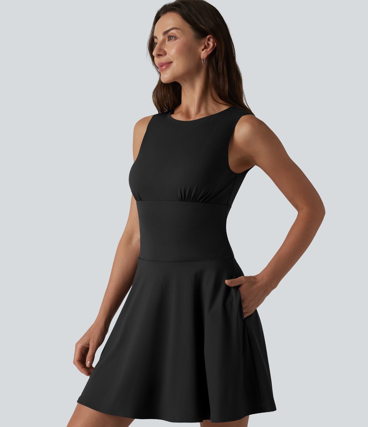 Robe mini évasée décontractée sans manches col bateau avec poches