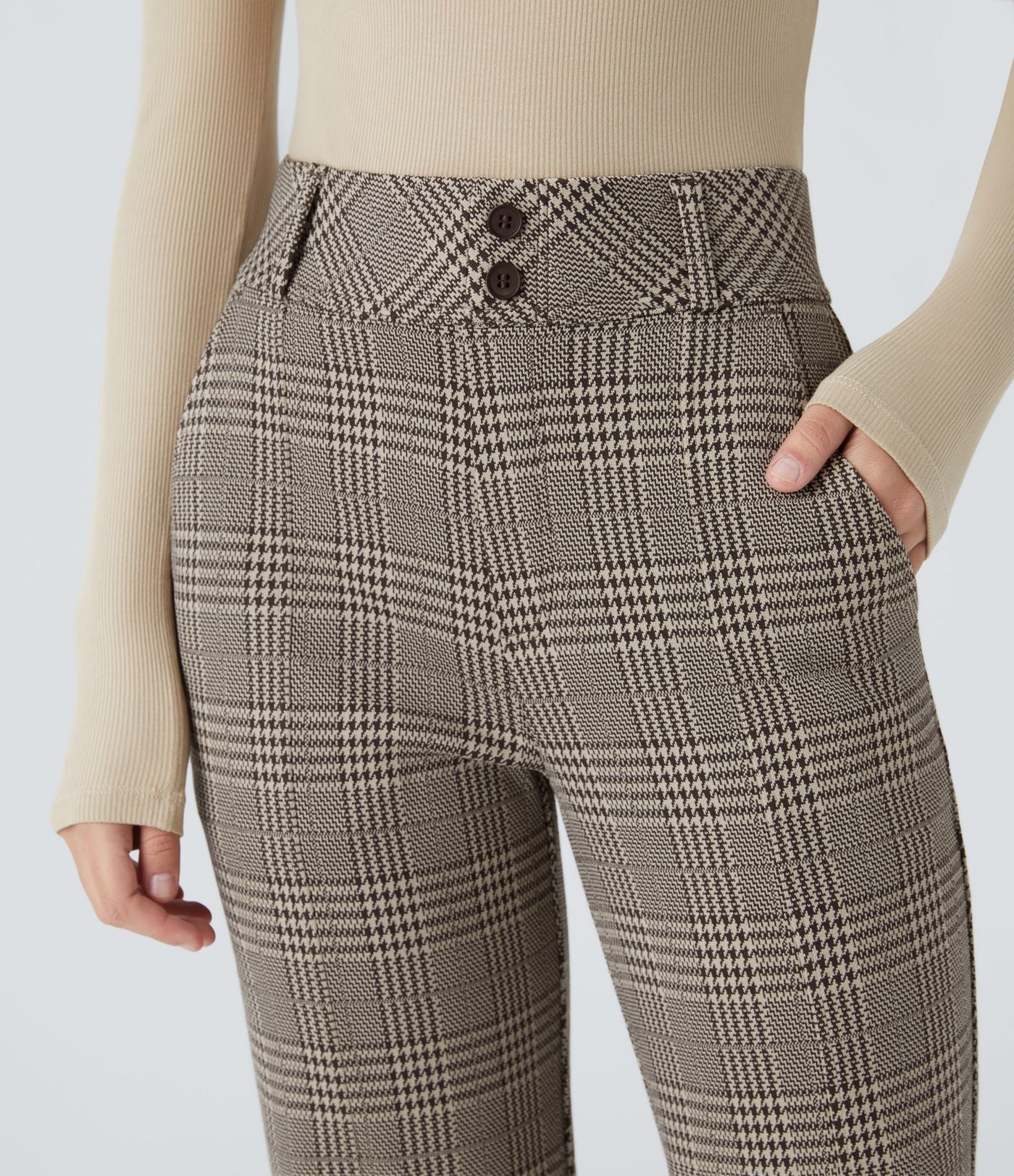 Halara Flex™ Pantalon tailleur évasé à carreaux pied-de-poule, taille haute avec boutons décoratifs et poches latérales
