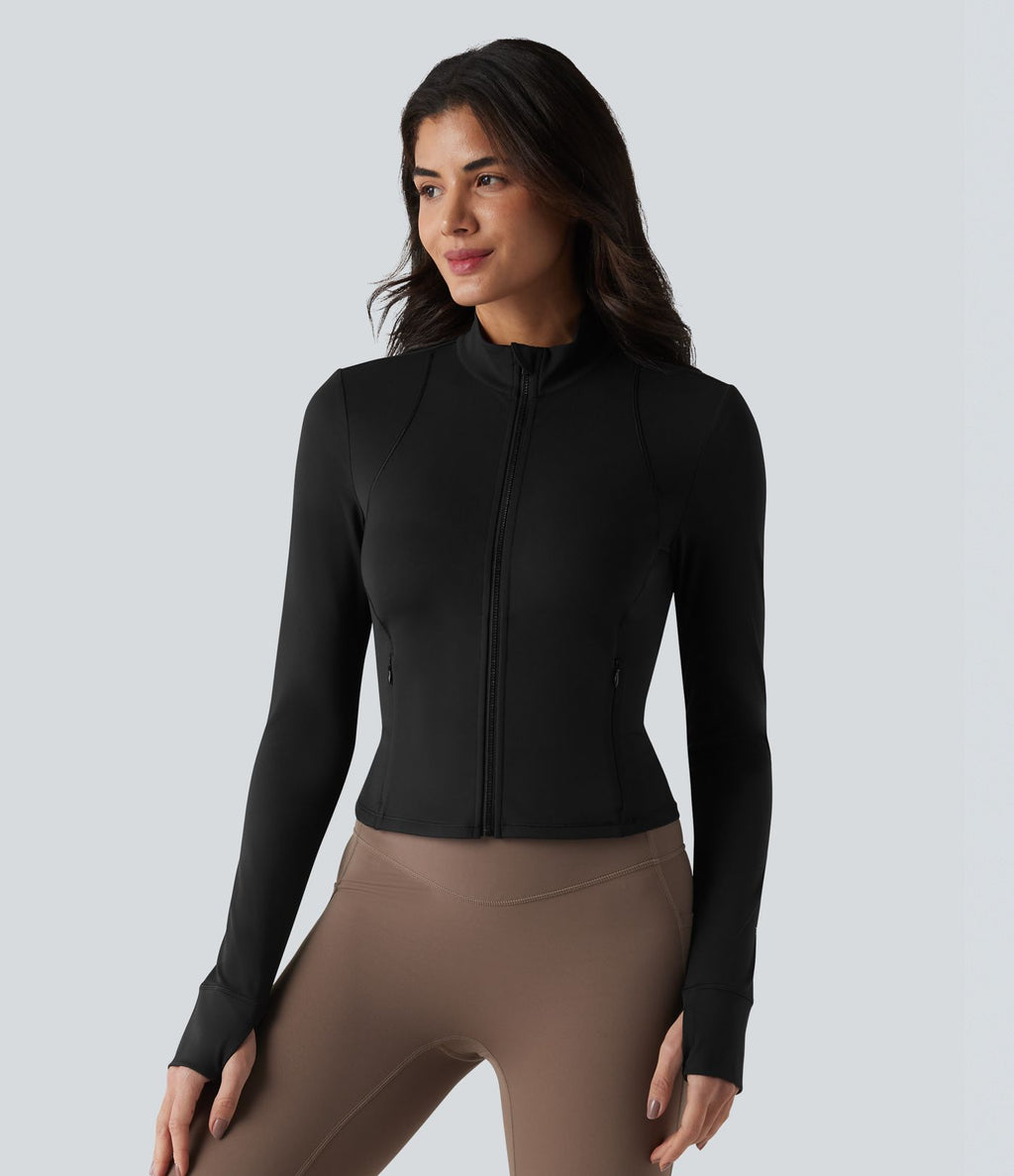 SoftlyZero™ Plush Veste de yoga col montant à manches longues avec trous pour les pouces, dos torsadé, empiècements en mesh respirant et poches