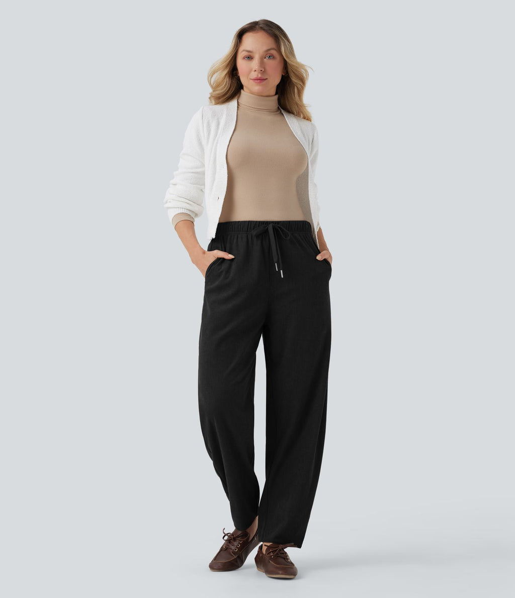 Pantalon taille mi-haute à cordon, jambe tombante en velours côtelé avec poches