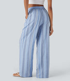 Pantalon large fluide taille haute avec cordon de serrage, rayures, aspect lin et poches latérales