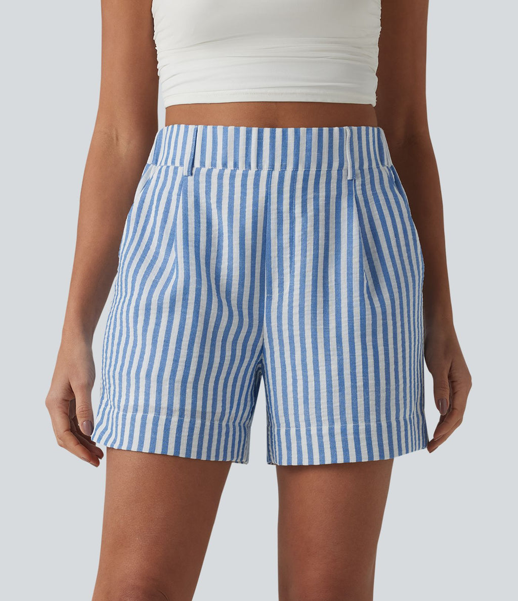 Short casual taille haute à rayures avec poches et aspect lin