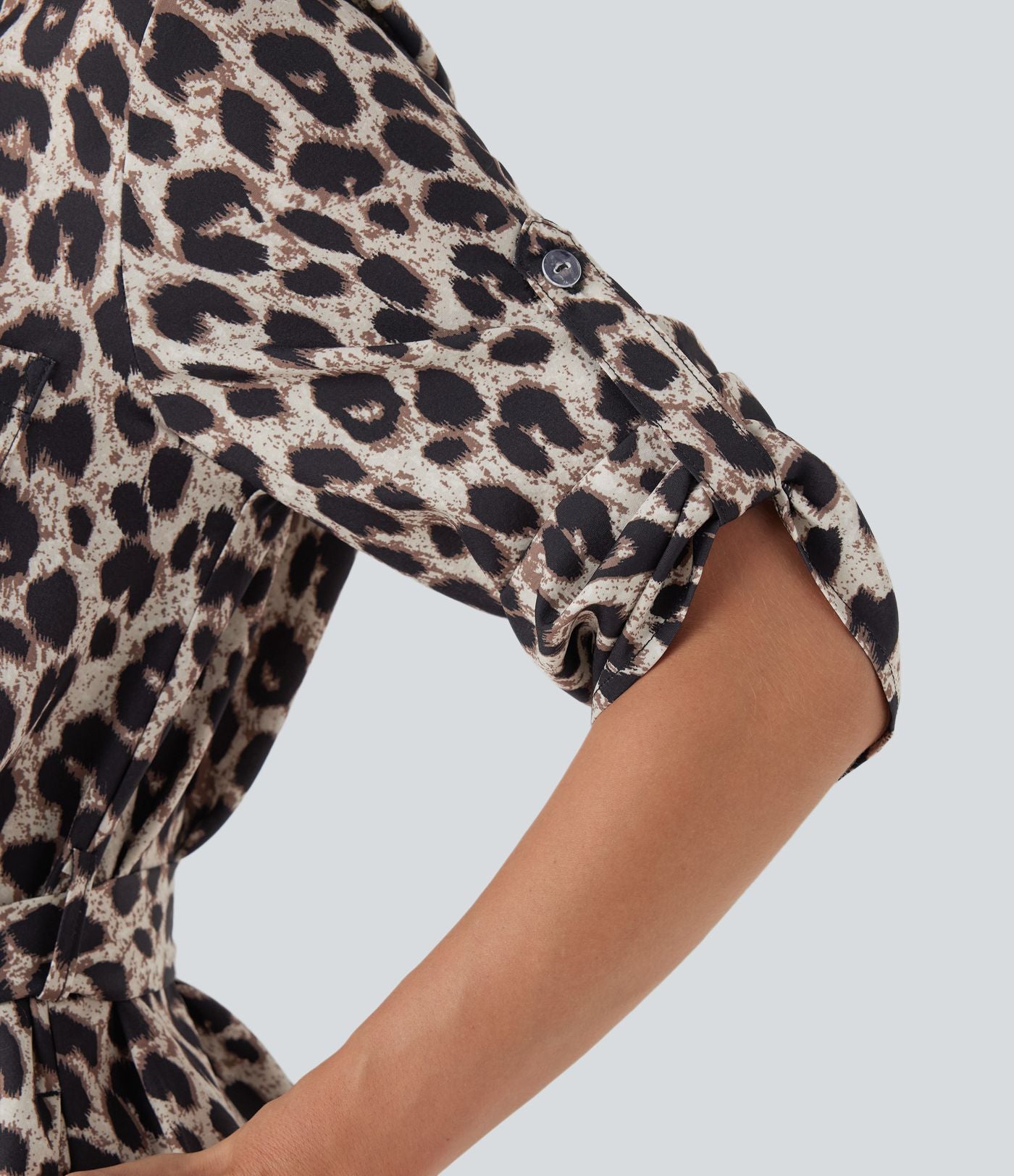 Robe-chemise décontractée imprimé léopard manches retroussables ceinturée avec poches