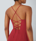 Robe active de danse midi fluide à dos nu avec lacets, 2-en-1, poche, ourlet asymétrique et maille contrastée