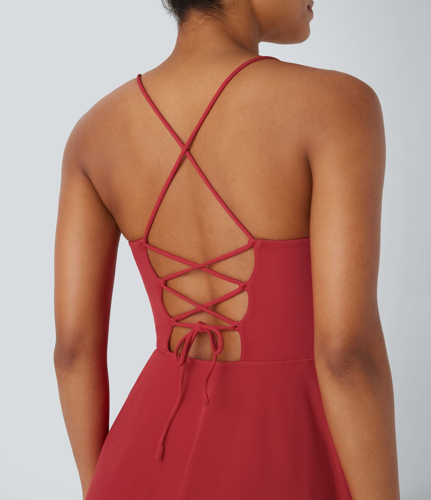 Robe active de danse midi fluide à dos nu avec lacets, 2-en-1, poche, ourlet asymétrique et maille contrastée