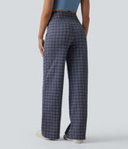 Pantalon large taille haute ventre plat à carreaux en tissu froissé séchage rapide avec poches