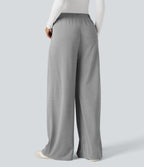 Pantalon taille haute décontracté large en maille gaufrée, avec poches