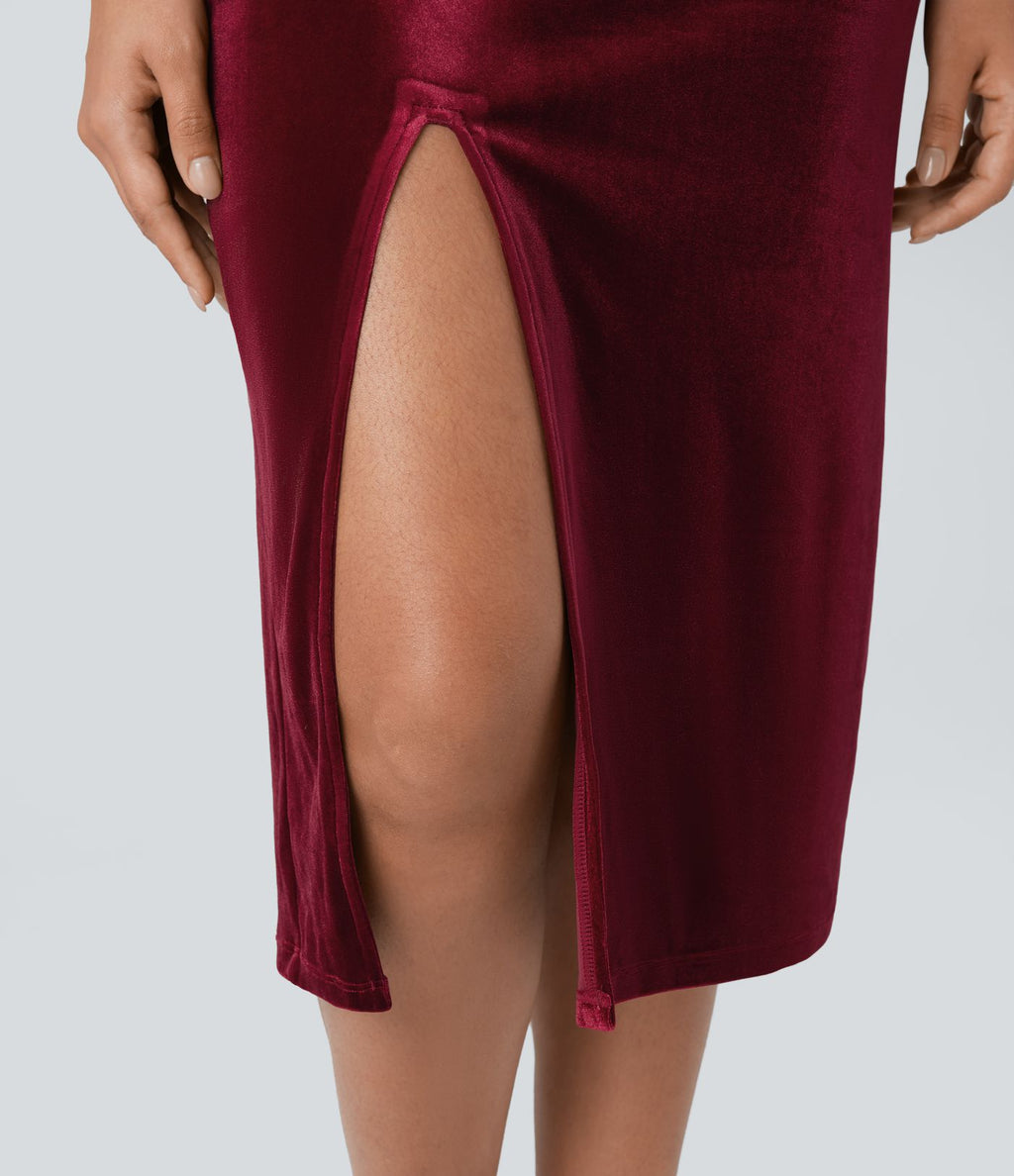 Robe mi-longue moulante velours col drapé sans manches fendue froncée