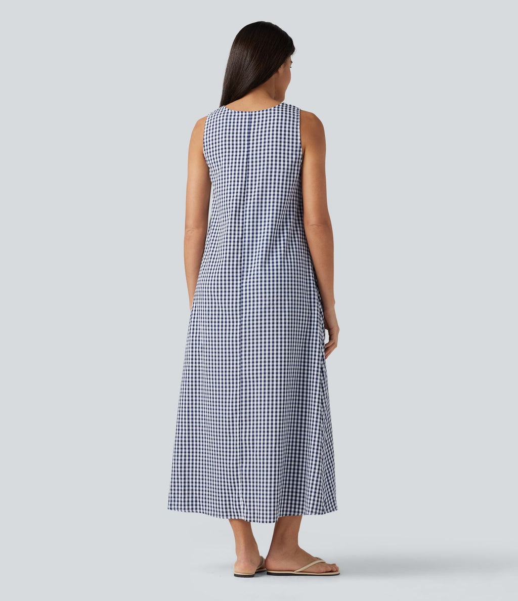 Robe débardeur midi décontractée col rond sans manches en vichy froissé avec poches