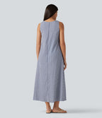 Robe débardeur midi décontractée col rond sans manches en vichy froissé avec poches