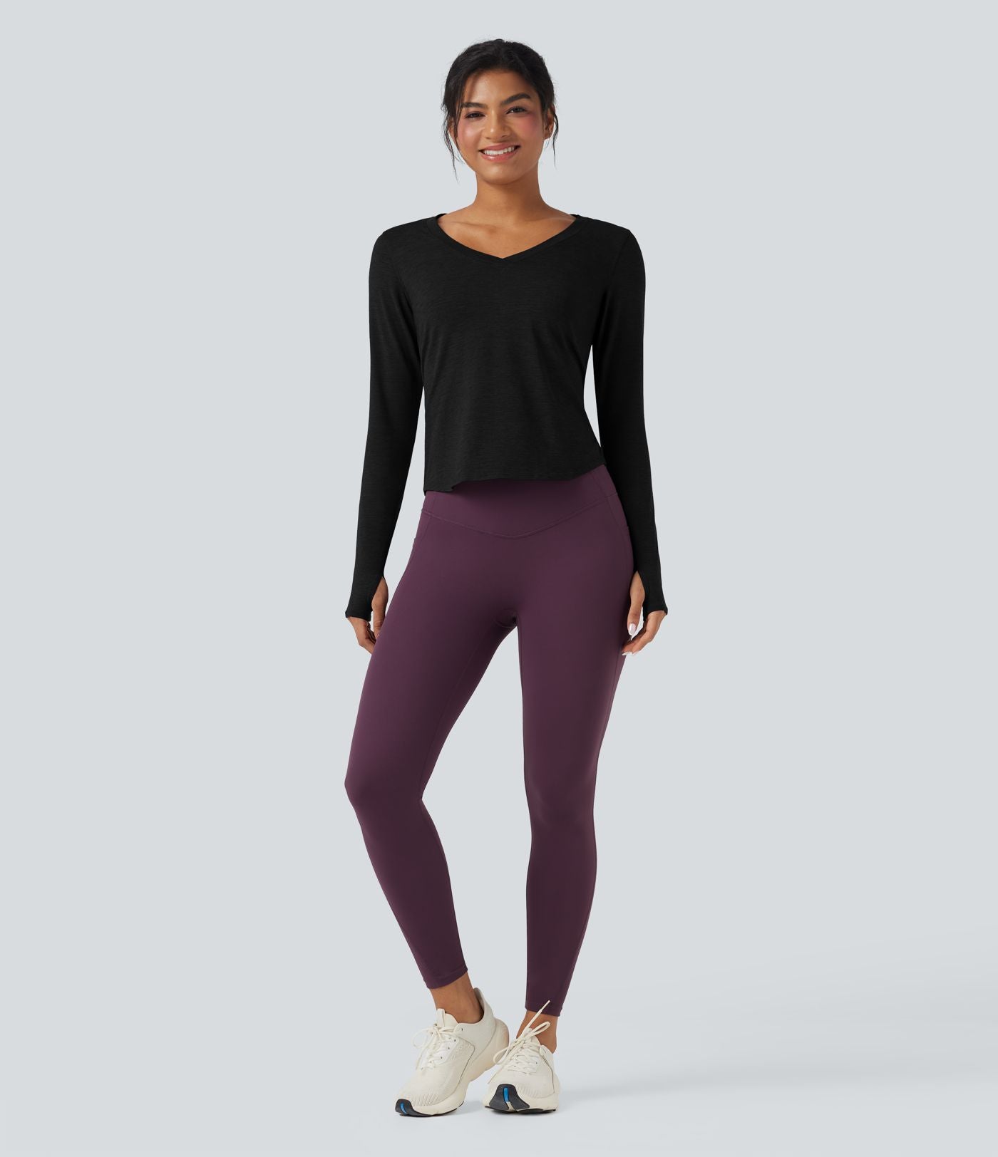 Top de sport yoga chiné col V manches longues avec trous pouces ourlet arrondi
