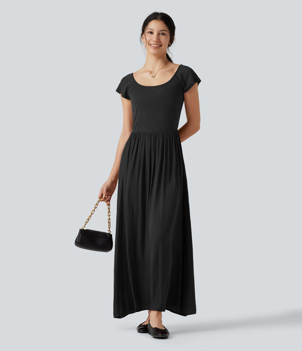 Robe maxi casual fluide col U manches courtes