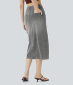 Halara Flex™ Jupe en Jean Casual Mi-Longue Délavé Extensible Plusieurs Poches Taille Haute