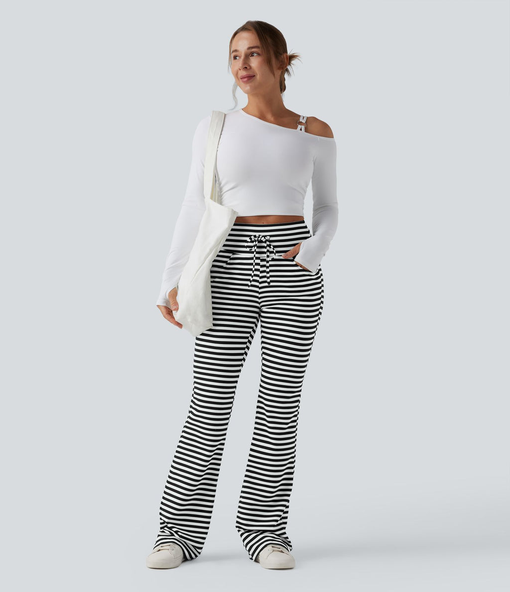 Pantalon évasé décontracté taille haute gainant à rayures en tissu gaufré avec cordon de serrage et poches