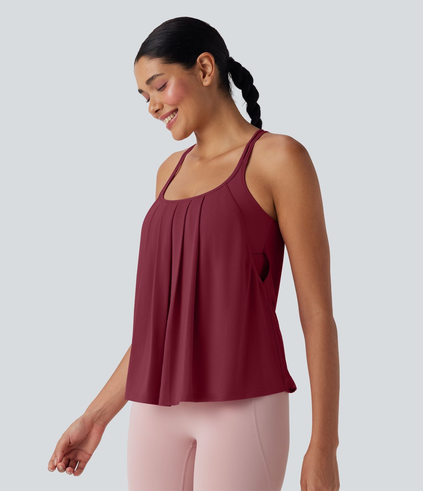 Débardeur yoga plissé à dos nu avec bretelles croisées et séchage rapide
