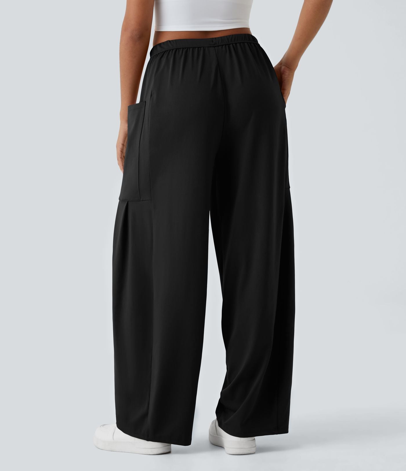 Pantalon Large Fluide Taille Mi-Haute Taille Élastique Cordon Poches Latérales Ourlet Flottant