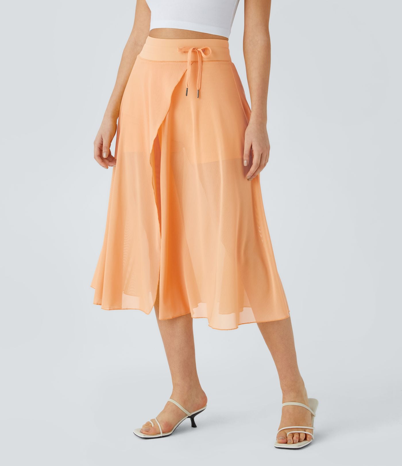 Jupe Casual Évasée Mesh Mi-Longue Fuide 2 en 1 Contrastée Taille Haute Cordon Poche Latérale