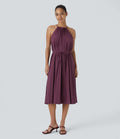 Breezeful™ Robe Décontractée Midi sans Manches Dos Nu avec Nœud à l'Arrière Plissée Ceinturée à Séchage Rapide