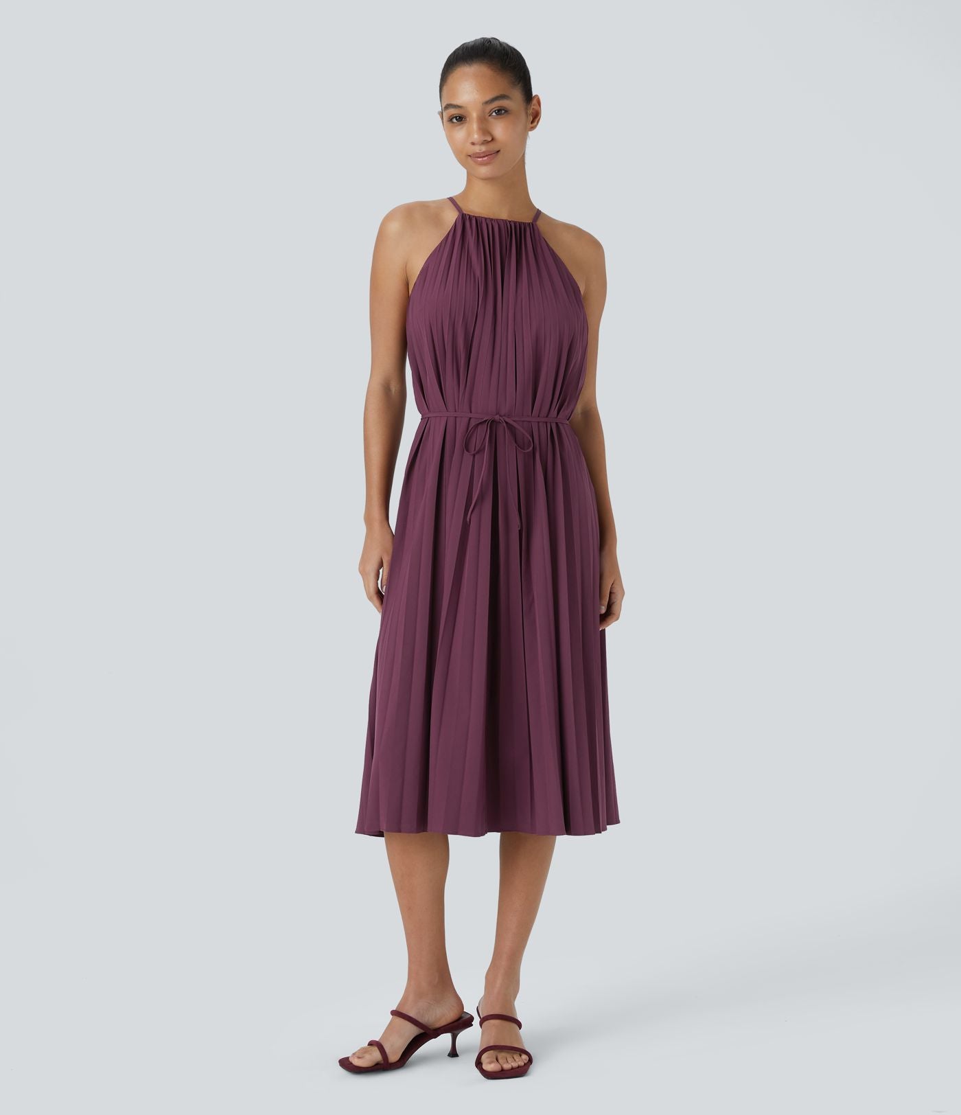 Breezeful™ Robe Décontractée Midi sans Manches Dos Nu avec Nœud à l'Arrière Plissée Ceinturée à Séchage Rapide