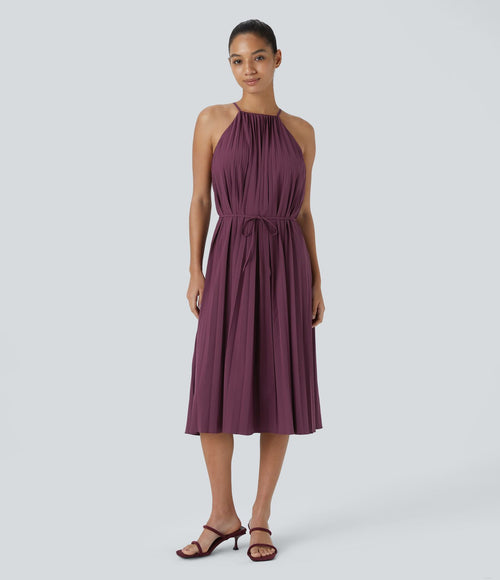 Breezeful™ Robe Décontractée Midi sans Manches Dos Nu avec Nœud à l'Arrière Plissée Ceinturée à Séchage Rapide