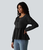 Haut casual babydoll Henley manches longues en tissu gaufré