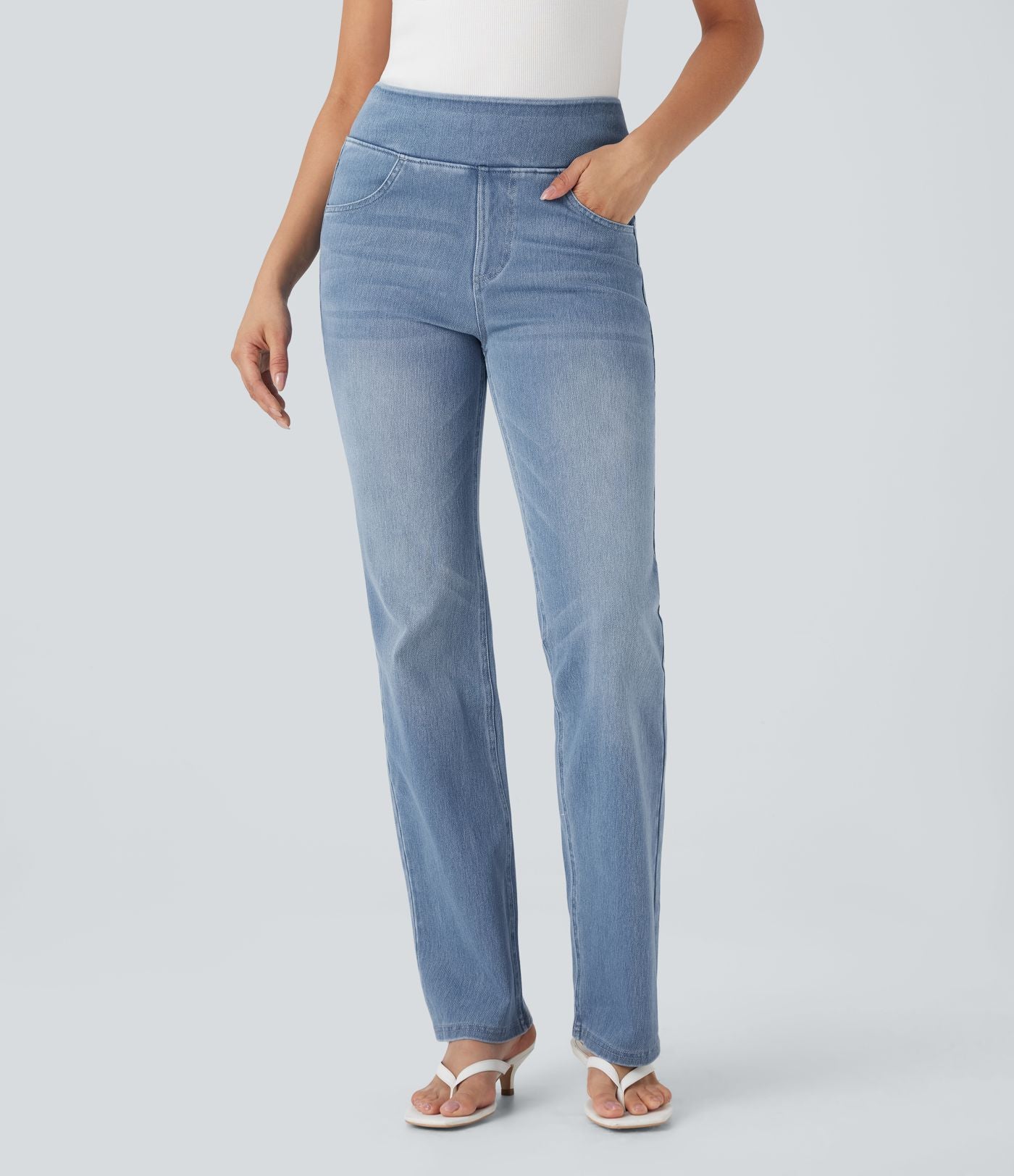 Halara Flex™ Jean évasé casual délavé taille haute gainant avec poches