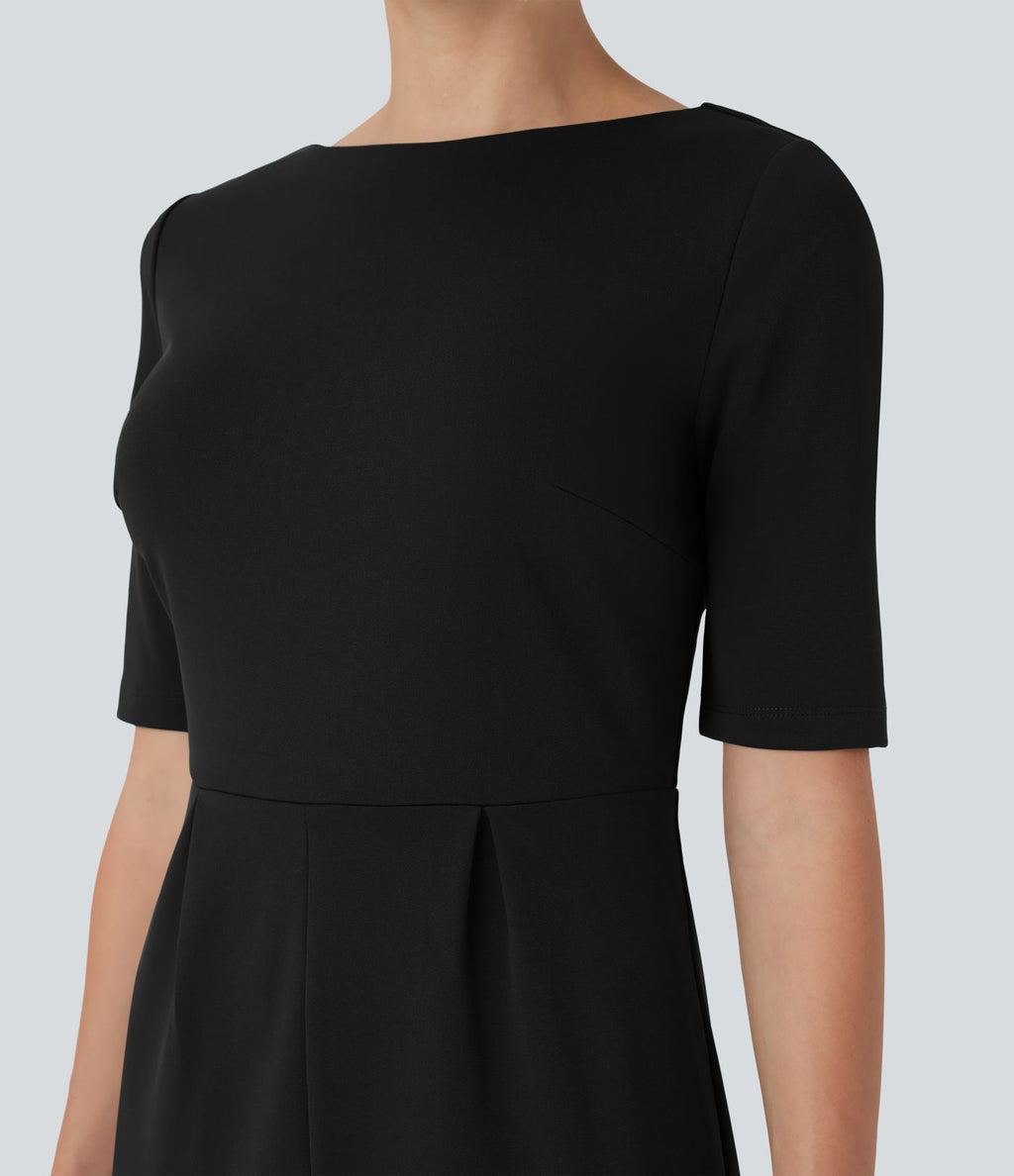 Robe tailleur décolleté arrondi manches courtes avec fente