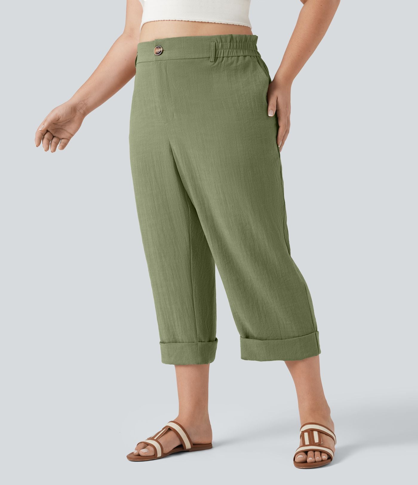 Pantalon de villégiature capri effet lin, grande taille, taille haute, avec poches