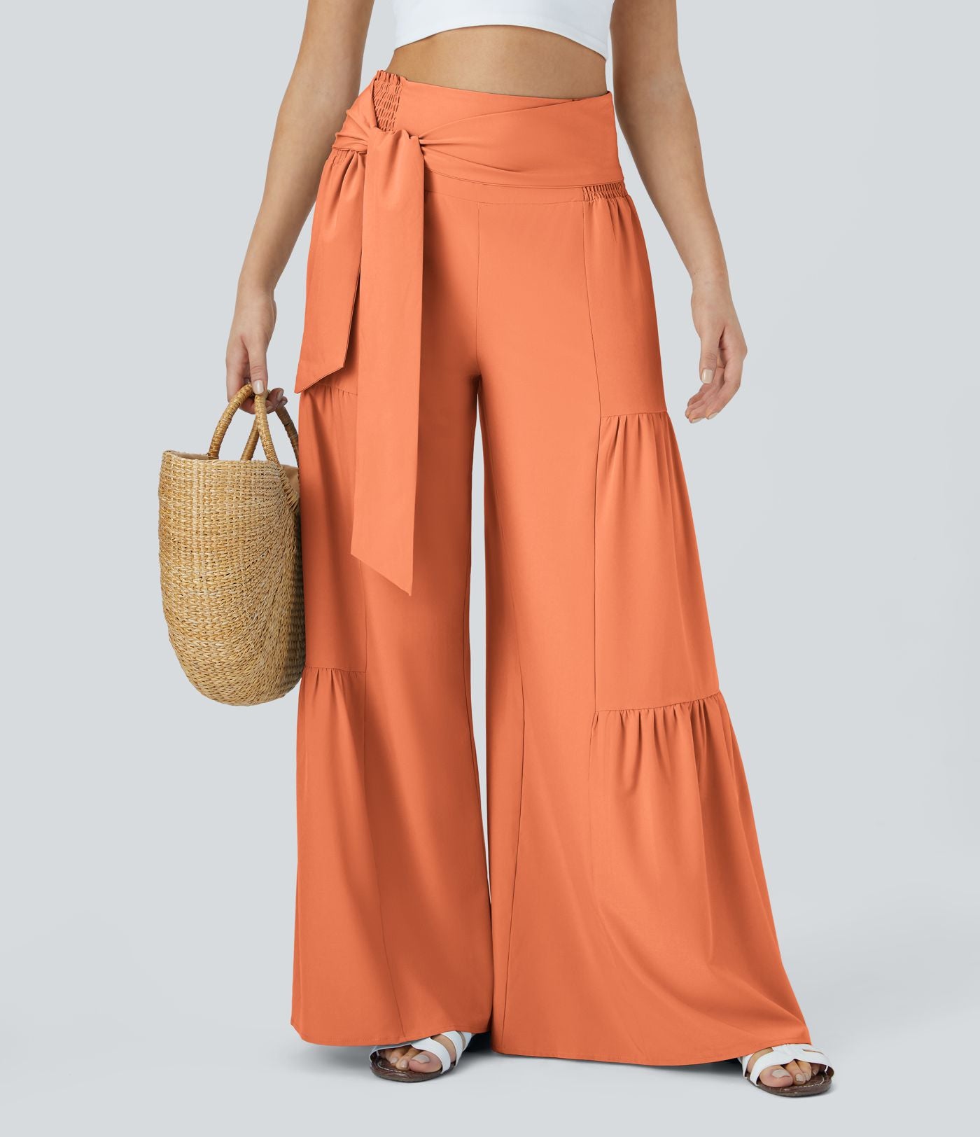 Breezeful™ Pantalon Large Casual Taille Haute Froncé à Nouer Devant et Dos Fluide Séchage Rapide