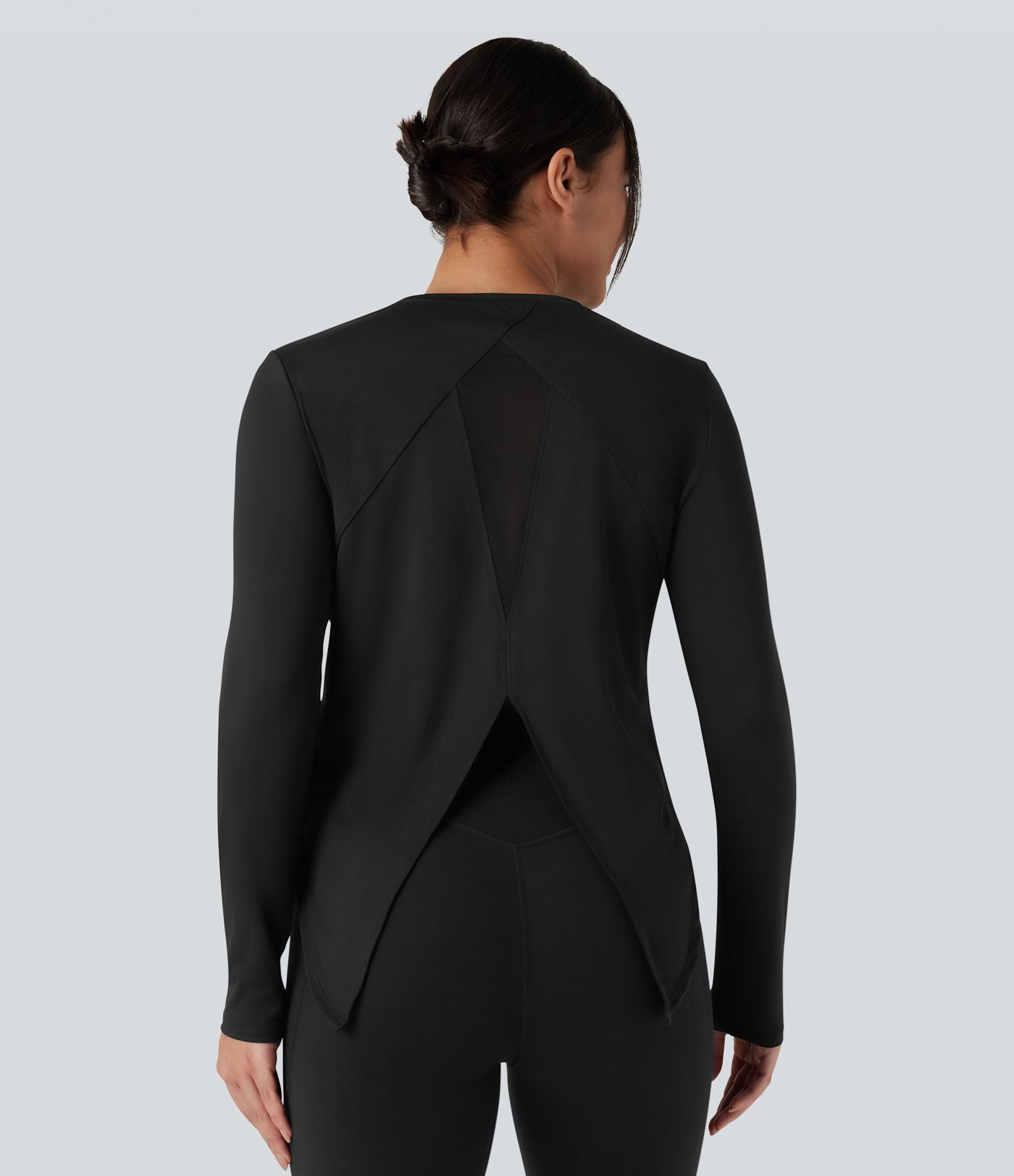Top de sport running col rond mesh contrastant liens dans le dos manches longues