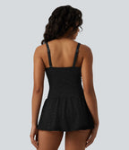 Maillot de bain une pièce 2-en-1 col V en jacquard avec nœud frontal, bretelles réglables, effet push-up, ventre plat et fronces