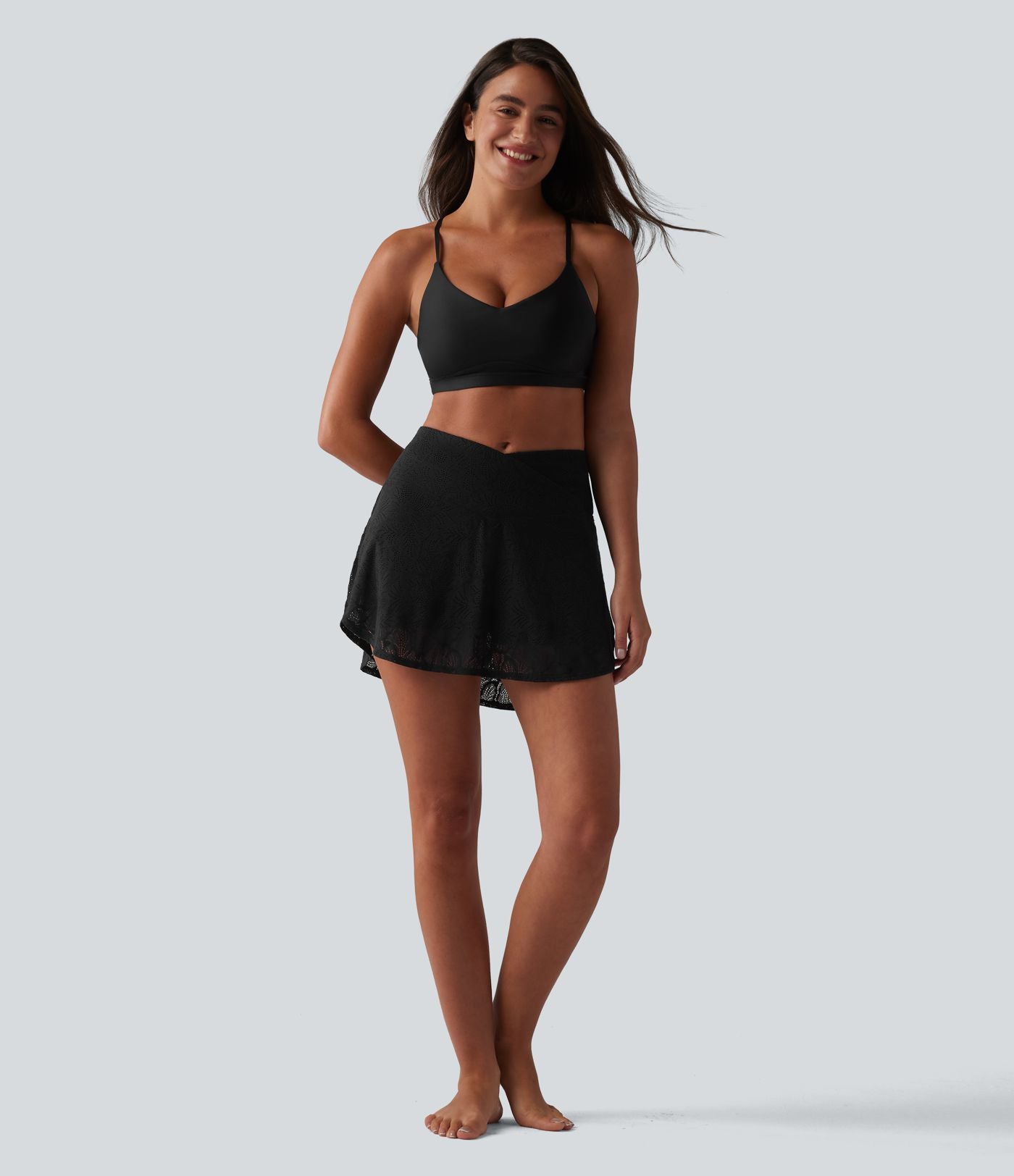 Mini jupe de danse 2 en 1 croisée taille haute en dentelle avec poches