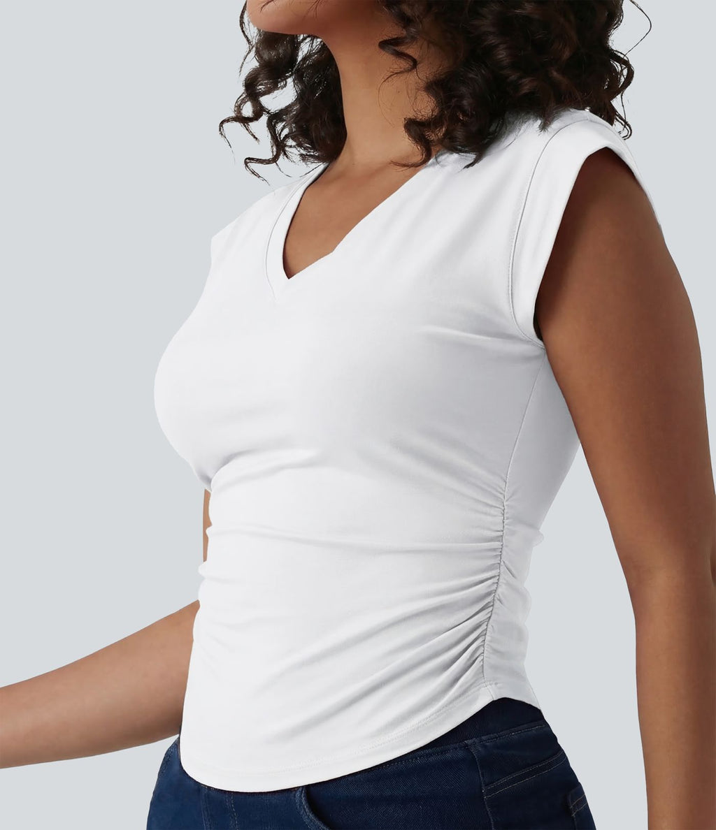 T-shirt décontracté col V manches courtes ourlet arrondi froncé
