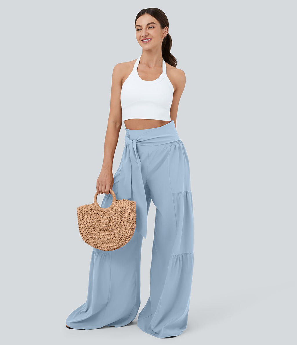 Breezeful™ Pantalon Large Casual Taille Haute Froncé à Nouer Devant et Dos Fluide Séchage Rapide