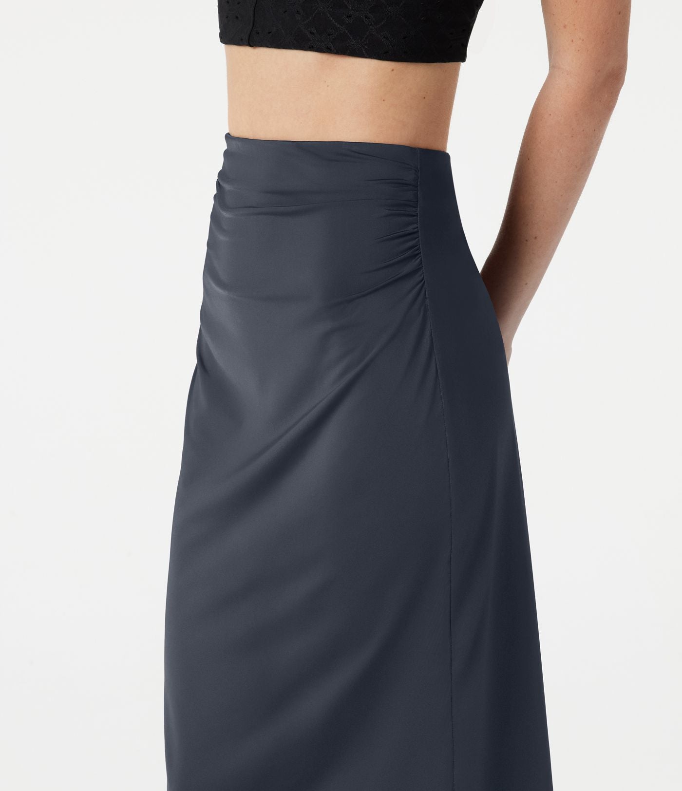 Jupe crayon midi décontracté taille haute extensible aspect satiné à effet frais InstantCool avec fronces