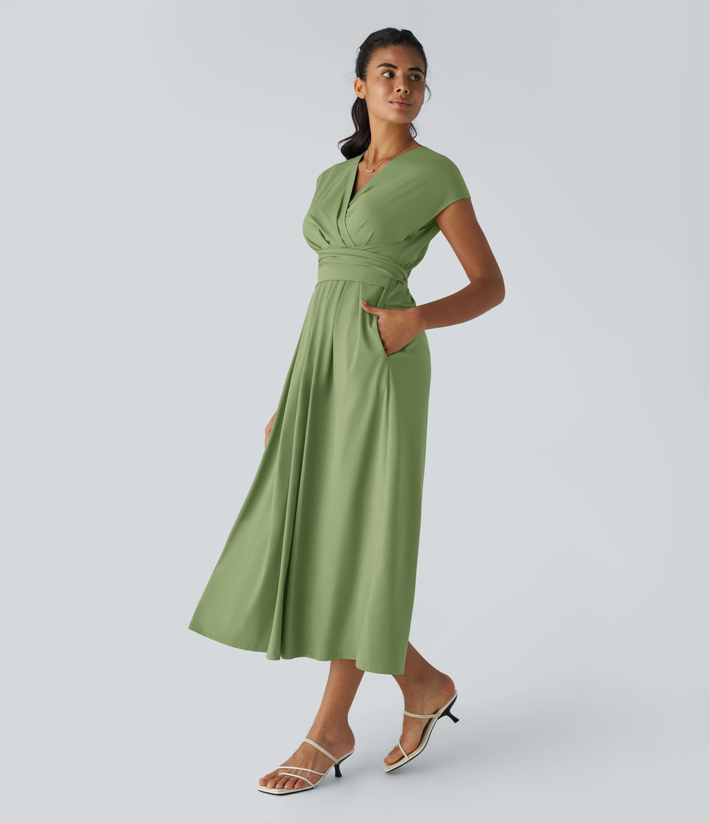 Breezeful™ Robe Mi-Longue Col en V Manches Courtes Poche Latérale Nouée au Dos Séchage Rapide