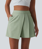 Jupe-short plissée taille haute casual infroissable aspect lin avec poches