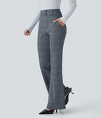 Halara Flex™ Pantalon tailleur évasé à carreaux pied-de-poule, taille haute avec boutons décoratifs et poches latérales