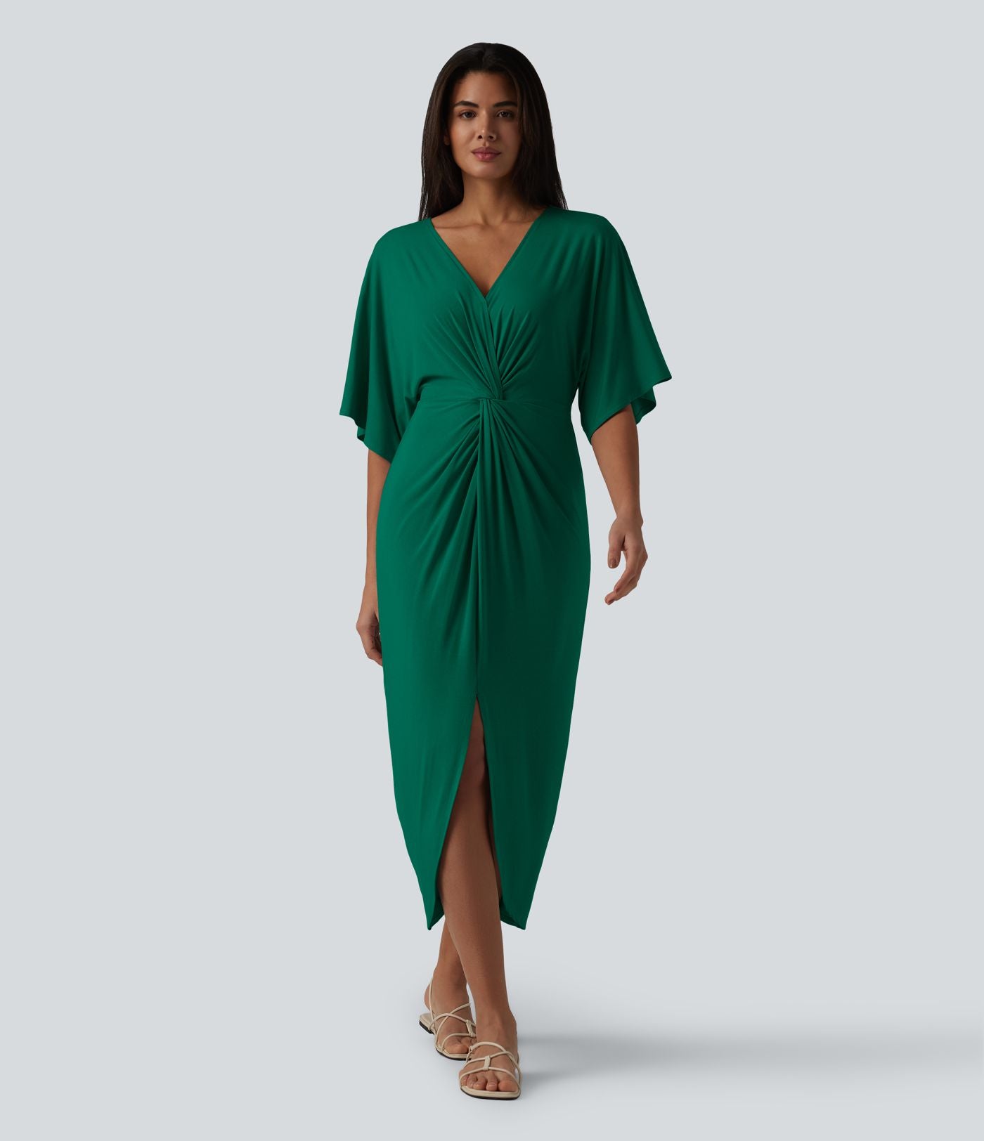 Robe midi col V manches chauve-souris ourlet tulipe torsadé