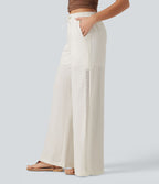 Pantalon large fluide casual 2 en 1 taille mi-haute avec cordon de serrage, dentelle contrastante, poches et aspect lin