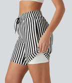 Short de yoga 2 en 1 à rayures taille haute avec cordon de serrage, poches, 17,5 cm