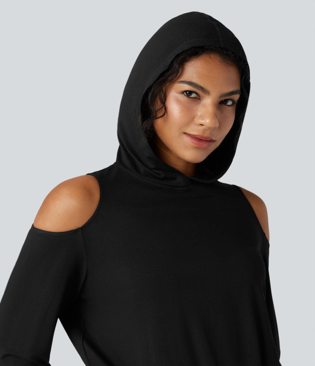 Sweat-shirt de sport à capuche épaules dénudées manches longues
