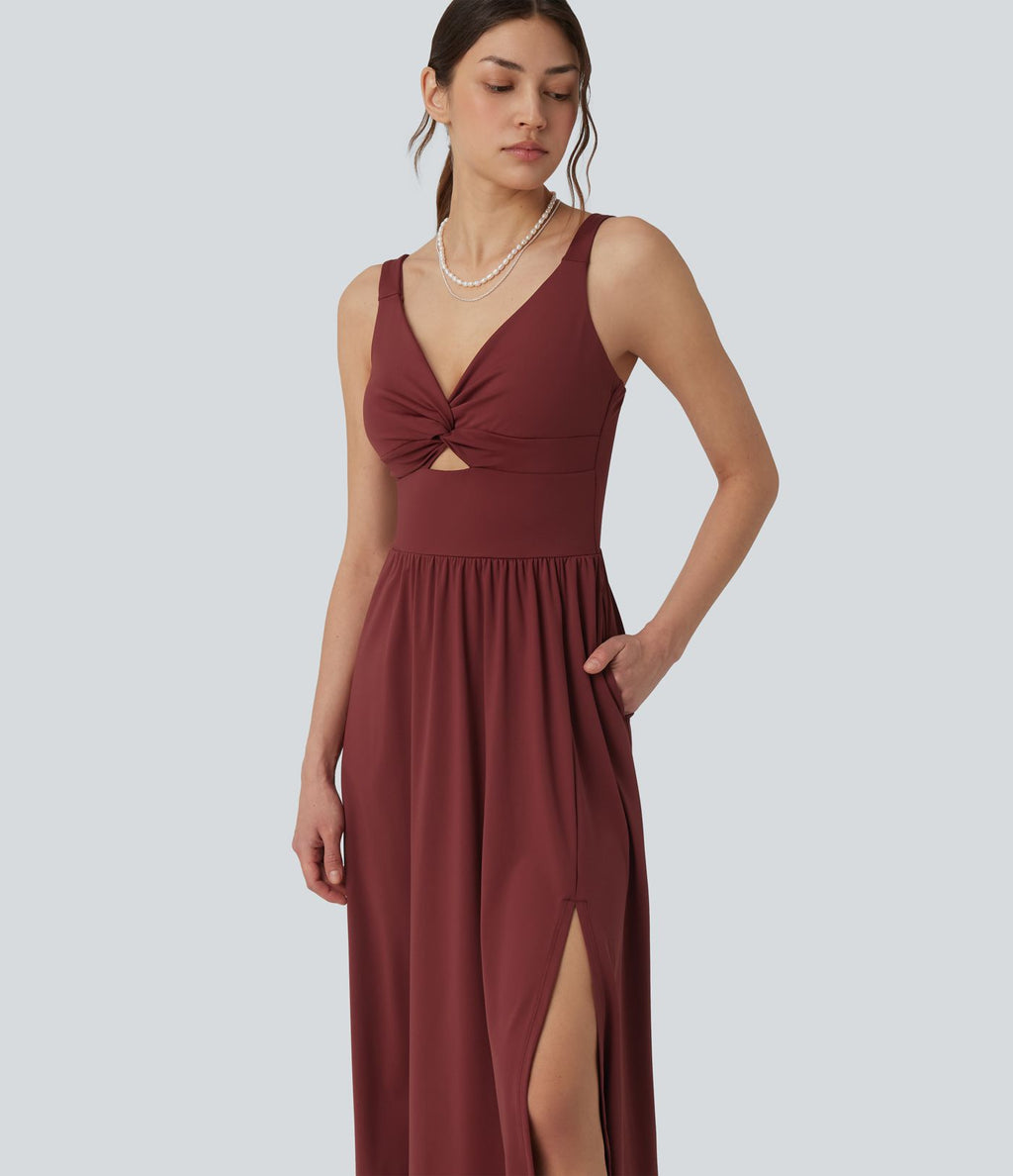 Robe de soirée mi-longue SoftlyZero™ Airy col V sans manches torsadée avec fente, coques fixes et effet frais InstantCool avec poches