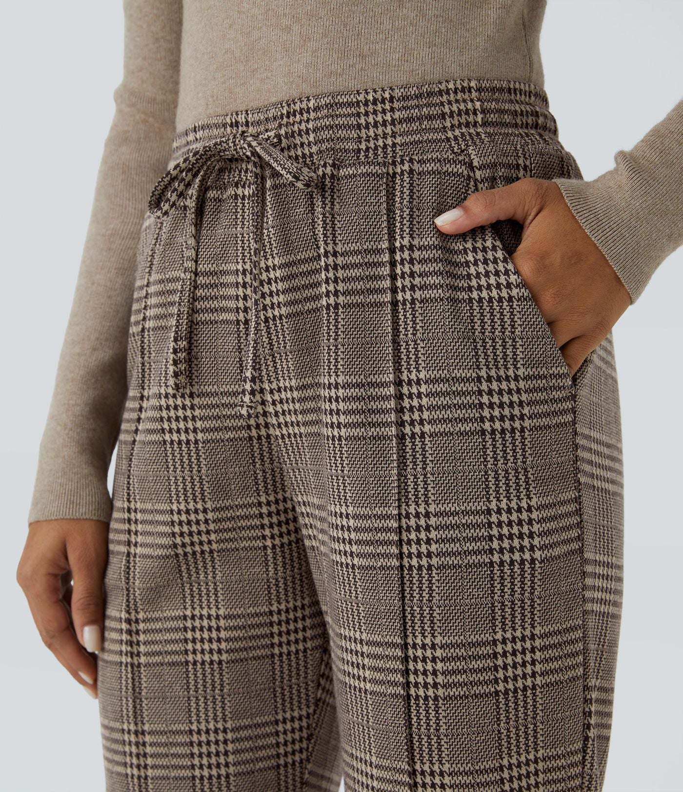 Halara Flex™ Pantalon Tailleur taille mi-haute à motif pied-de-poule avec cordon de serrage et poches latérales
