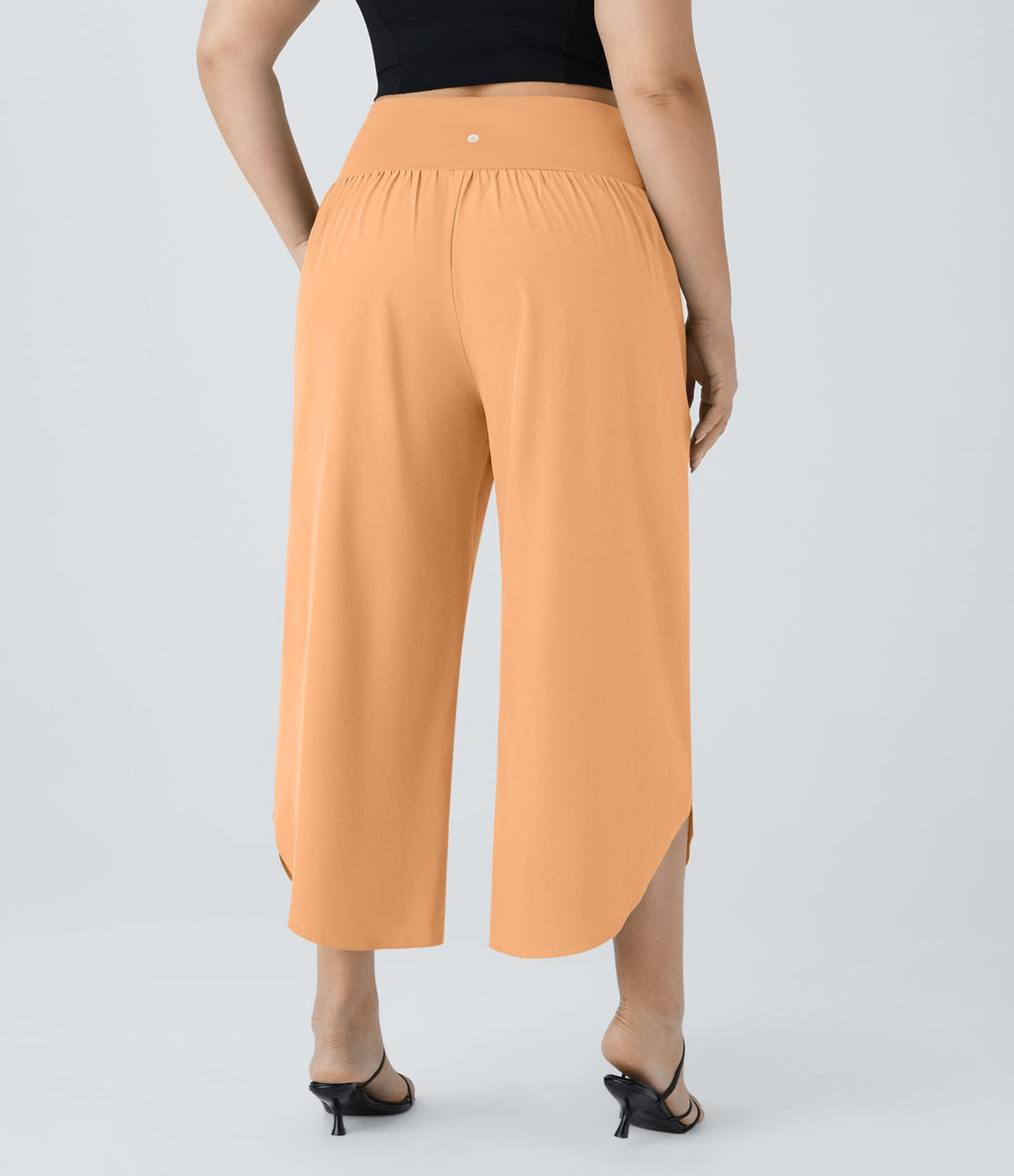 Breezeful™ Pantalon de Vacances Grande Taille Taille Haute avec Découpe Croisée Plissé Poche Latérale Fente et Séchage Rapide