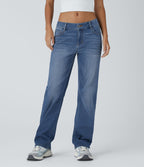 Jean décontracté Halara Flex™ taille basse à jambes droites avec bouton, fermeture éclair, multiples poches, effet délavé en maille extensible