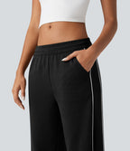 Pantalon jogging coton coupe droite taille mi-haute color block avec cordon de serrage et poches