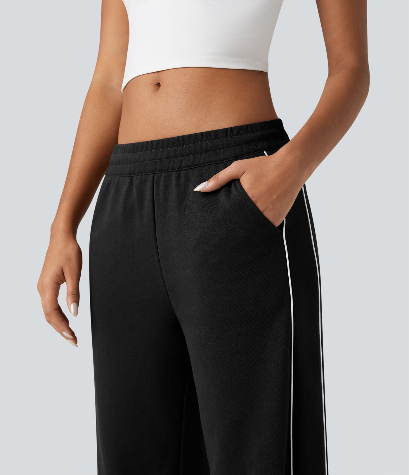 Pantalon jogging coton coupe droite taille mi-haute color block avec cordon de serrage et poches