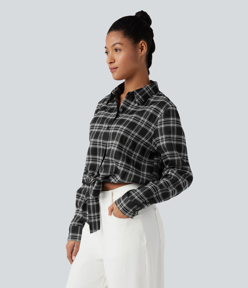 Chemise décontractée à carreaux, manches longues et nœud devant