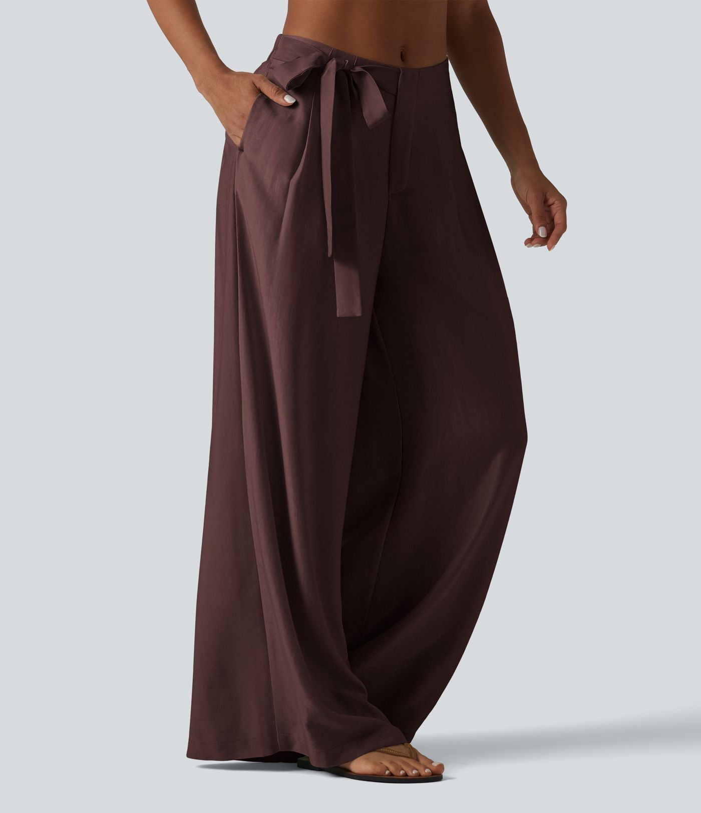 Pantalon large fluide taille haute en lin mélangé avec poches et liens latéraux